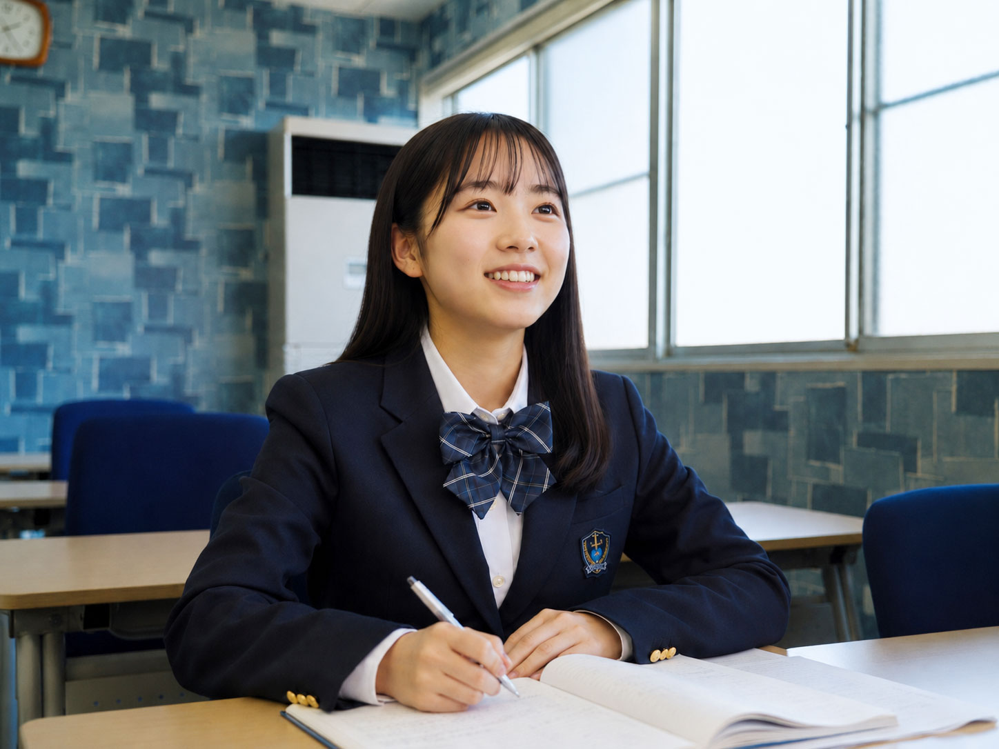 教室でノートに取り組む中学生