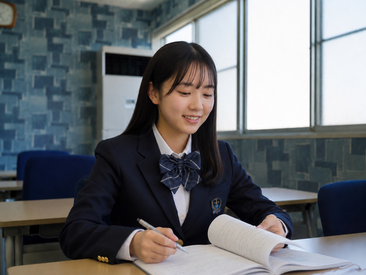 机に向かって学習する中学生